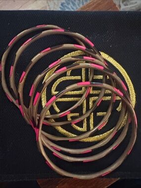BudhaGirl Gold-Tone Bangles with Pink Accents - Set of 6